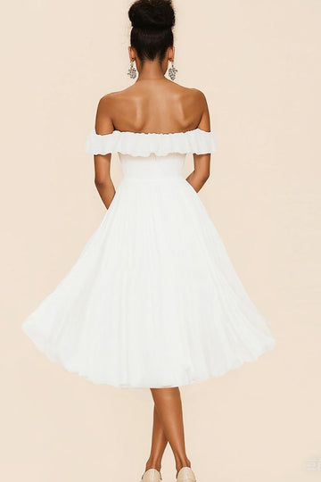 White Off The Shoulder A Line Ruffles Graduation Dress